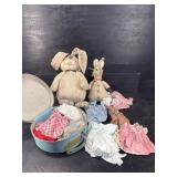 LOT OF DECORATIVE PLUSH ANIMALS, BABYDOLL CLOTHES