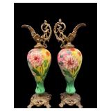 2 ORNATE HAND PAINTED FLORAL PORCELAIN EWERS