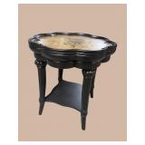EBONIZED FLORAL DECORATED CLOVER TOP TABLE