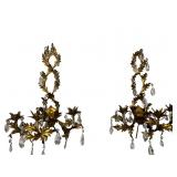 2 ITALY BRASS AND PRISM LARGE CANDLE WALL SCONCES