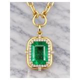 14K YELLOW GOLD EMERALD & DIAMOND PENDANT W CHAIN