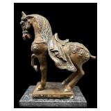 LARGE CHALKWARE HORSE SCULPTURE ON MARBLE BASE;