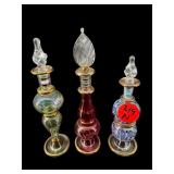 3 HAND BLOWN GLASS PERFUME BOTTLES WITH STOPPERS