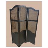 CANE AND WOOD DISTRESSED PAINTED 3 PANEL SCREEN