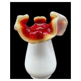 KANAWHA RED ORANGE CASED MILK GLASS RUFFLED VASE