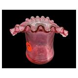 FENTON CRANBERRY DIAMOND OPTIC RUFFLED TOP HAT