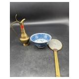 3 PC LOT CAMEO MIRROR, BRASS EWER & PORCELAIN BOWL