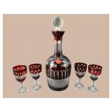 5 PC BOHEMIAN RUBY CUT TO CLEAR DECANTER SET