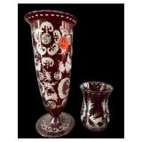 2 PC LOT EGERMANN RUBY ETCHED BOHEMIAN FOOTED BUD
