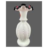 RARE FENTON BLACK ROSE CREST BEADED MELON VASE