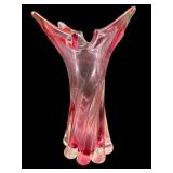 TALL MURANO STYLE PINK ART GLASS 4 HORN VASE