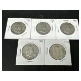 LOT OF 5 FRANKLIN SILVER HALF DOLLARS