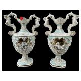 2 CAPODIMONTE FIGURAL GOLD ACCENT URN VASES