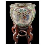 ROSE MEDALLION PORCELAIN FISH BOWL PLANTER ON