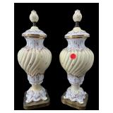 2 PORCELAIN DECORATED URNS;