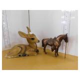 2 FIGURINES - BRASS HORSE, CERAMIC DEER