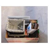BOX LOT - STORAGE BASKETS, RACK, SPOOLS OF SILK
