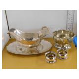 SILVERPLATED GRAVY BOAT, SUGAR BOWL, NAPKIN RINGS