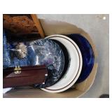 BOX LOT - PLATES, VANITY MIRROR, VASE, STORAGE BOX