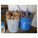 2 PAIL LOTS - GARDEN STAKES,  METAL PIECES