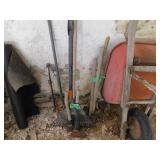 LOT TOOLS - RAKE, HATCHET, WEED PULLER, PICK AXE