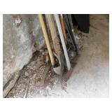 LOT TOOLS - AXE, RAKE, POST HOLE DIGGER, PICK AXE