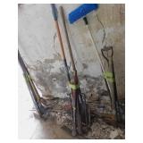 LOT TOOLS - PICK AXE, POST POUNDER, RAKE, SHOVEL