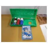 CRIBBAGE BOARD, DECK CARDS, POKER CHIPS, DICE