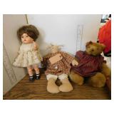STUFFED TEDDY BEAR,   2 DOLLS