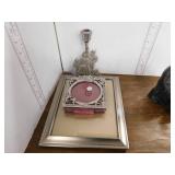 PEWTER CANDLE STICK, 3 PICTURE FRAMES (2 PEWTER)