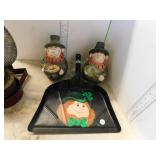 FOLK ART DUST PAN, 2 LEPRECHAN TEA LIGHT HOLDERS