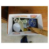 BOX LOT - ROLLING PIN, MISCELLANEOUS DISHES, VASE