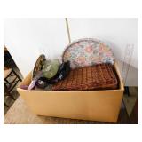 BOX LOT - SUN GLASSES, ROUND METAL TRAY, WICKER