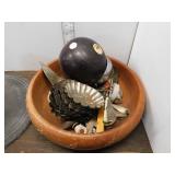 LOT - WOODEN BOWL, TART TINS, LADDLE, CUTLERY