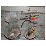 Sickle, galvanized buckets bulb planter rake