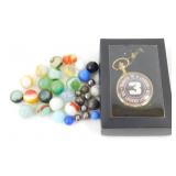 2 Bags of Vintage Marbles & 1 Pocket Watch