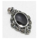 Sterling Silver, Marcasite and Onyx Pendant, 2.45