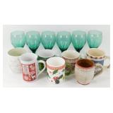 ** Christmas Coffee Cups & Green Stem Glasses
