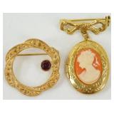 Cameo Pin & Garnet (?) in Circle