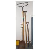 ** (4) Yard Tools: Pitchfork, Rake, Shovel and
