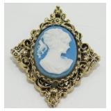Vintage Blue Jasperware Cameo Brooch, Signed