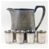 * Sheffield Hammered Pitcher/Cups - Silverplate