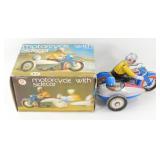 Vintage Tin Litho Wind-Up Motorcycle with Sidecar
