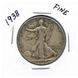 1938 Fine Walking Liberty Silver Half Dollar