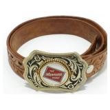 Milwaukee Road Belt Buckle on Tooled Leather Belt