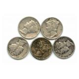 Group of 5 Mercury Silver Dimes