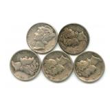 Group of 5 Mercury Silver Dimes