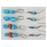 4 Pairs of Earrings - Real Turquoise and Coral