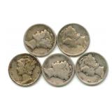 Group of 5 Mercury Silver Dimes