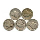 Group of 5 Mercury Silver Dimes